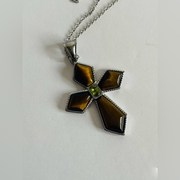 NEW Stainless Steel Necklace with Yellow Tiger Eye Peridot Cross Pendant - Picture 7 of 7